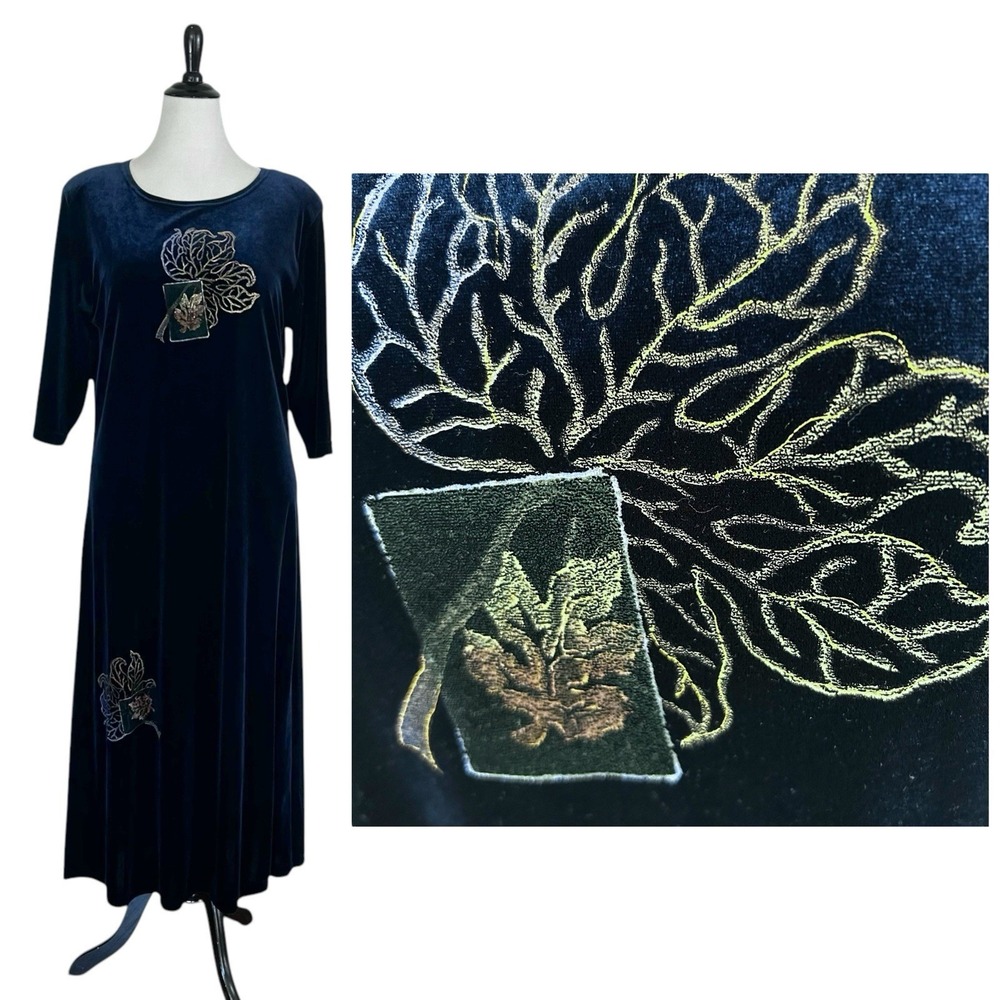 BREEZY MODE New Blue Velvet Long Maxi DRESS Vintage Medium Leaf Artsy NWT Tunic